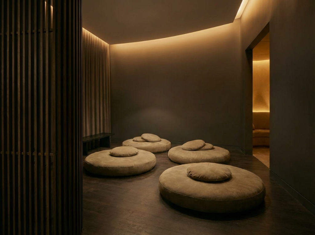 Wellness meditation space with floor cushions