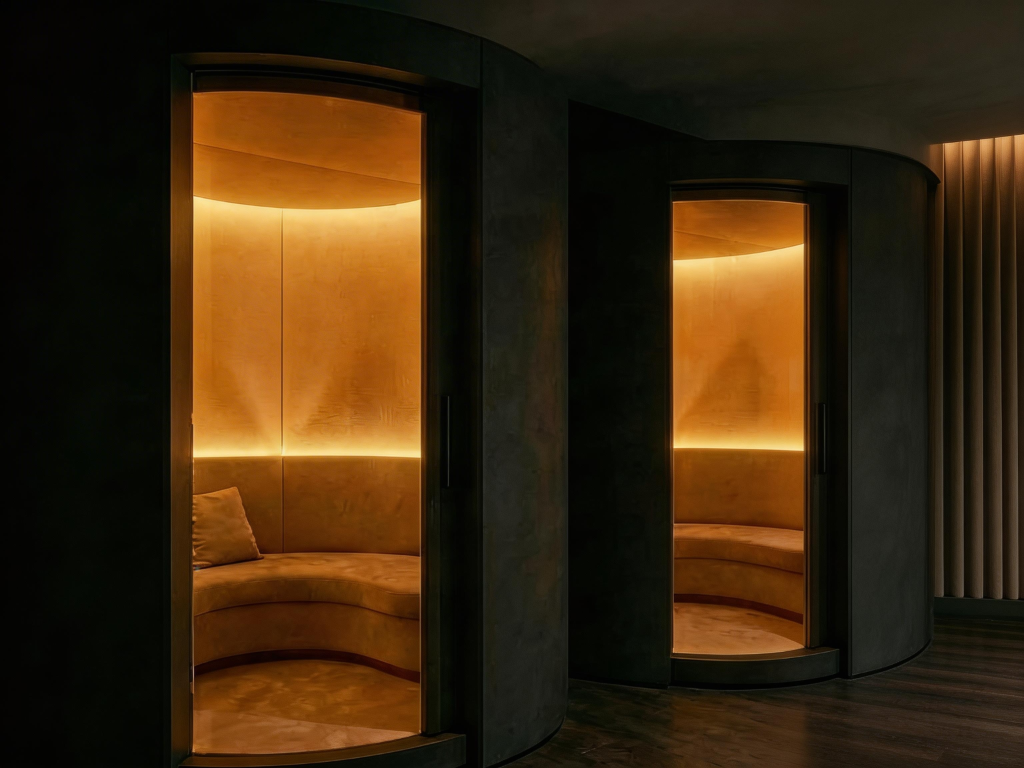 Luxury private wellness pods with warm lighting